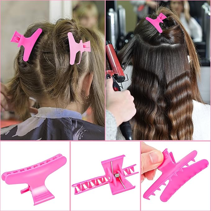 Hair Clips for Styling Sectioning 12 Pack Hot Pink Butterfly Clamps Hair Claw Clips Pro Salon Hair Clips for Styling, Sectioning, Cutting and Coloring