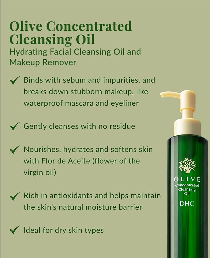 DHC Olive Concentrated Cleansing Oil, Hydrating Facial Cleansing Oil, Makeup Remover, Residue-Free, Dry Skin, Fragrance and Colorant Free, 5 fl. oz.