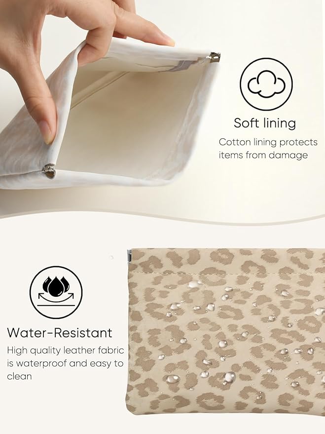 Leopard Leather Small Makeup Pouch for Women,Cosmetic Accessories,Waterproof and Portable Cosmetic Bag,Self-closing, No Zipper, Aesthetic Storage Pouch,Lipstick for Purse,Light Yellow