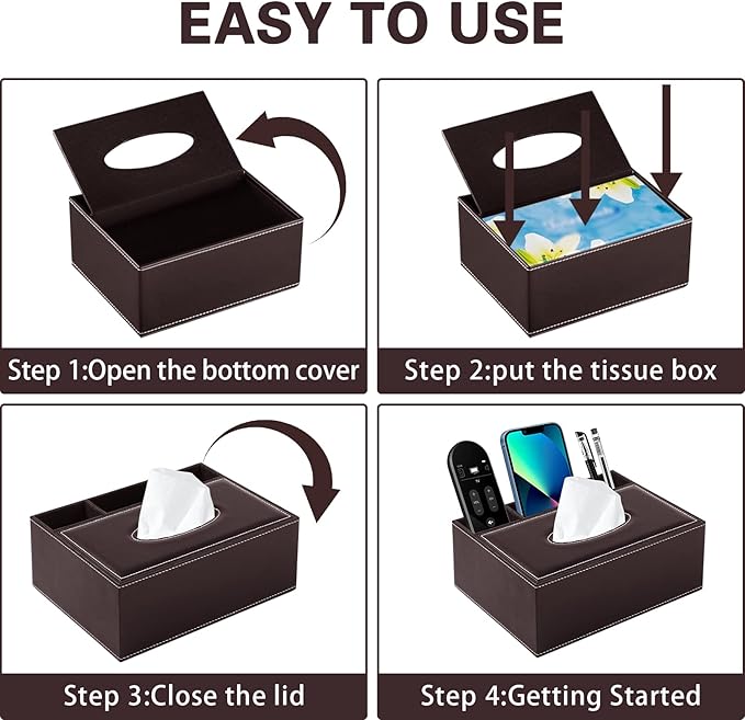 PU Leather Rectangular Tissue Box Cover - Multifunctional Tissue Box Holder with Stationery Remote Control Box, Decorative Tissue Pen Remote Organizer for Home/Office/Restaurant (Brown)