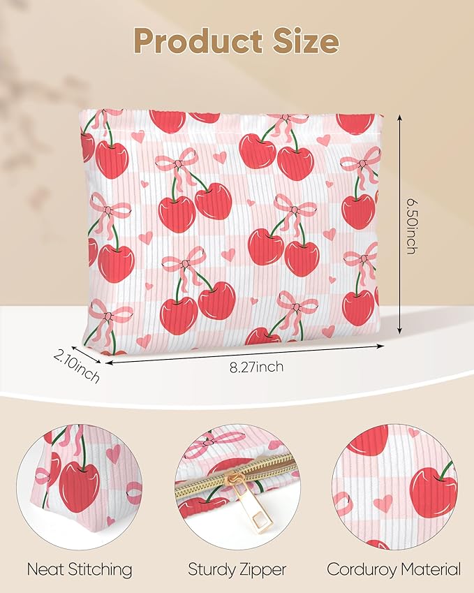 Cute Red Plaid Cherry Bow Knot Makeup Pouch for Women Small Make Up Check Cherries Bows Bag for Purse Zipper Initial Makeup Cosmetic Bags Pouches for Purse Aesthetic Travel Toiletry Bags