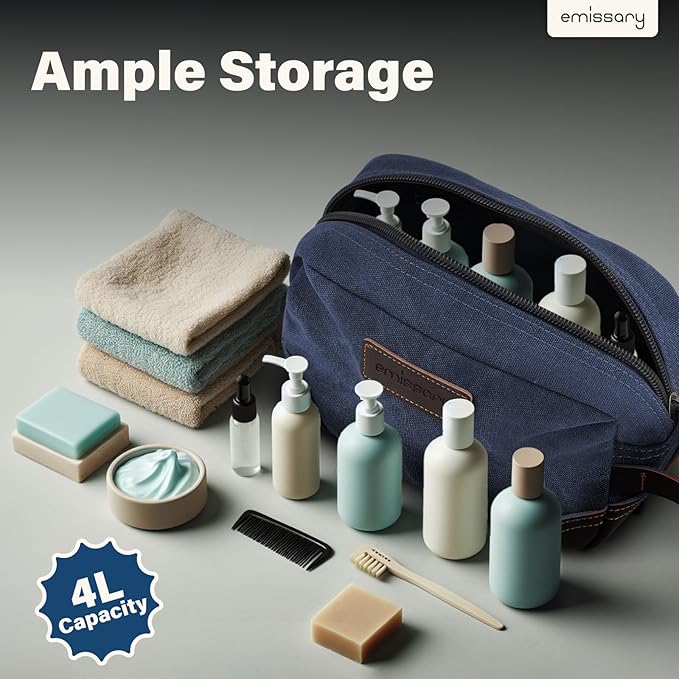 emissary Men's Toiletry Bag, Leather and Canvas Travel Toiletry Bag, Dopp Kit for Men, Travel Bathroom Bag Men's Shaving Kit, Travel Kit Small Bags for Men, Shaving Bag for Travel Accessories (Blue)