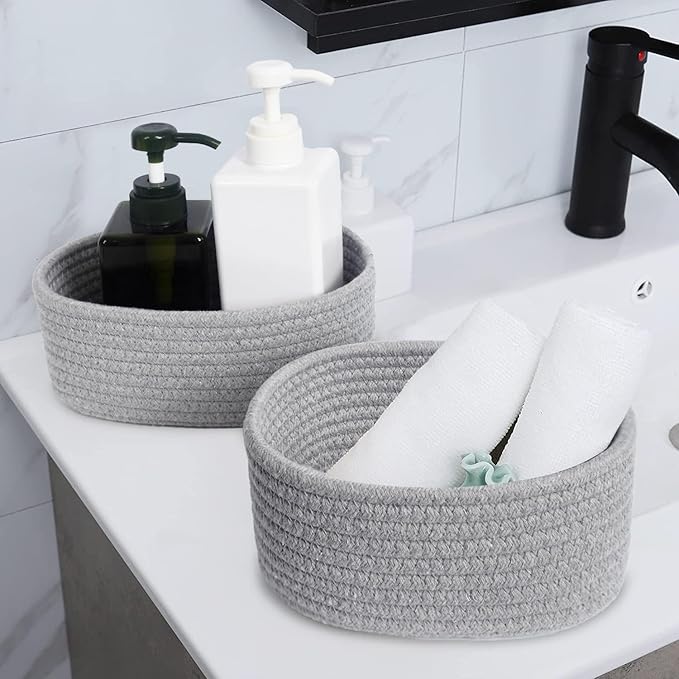 【2 Pack】ABenkle Small Woven Baskets, Tiny Oval Shallow Storage Baskets, Mini Cotton Rope Empty Decorative Basket, Boho Little Organizer Bins for Bathroom, Cat Dog Toy Gifts Baskets