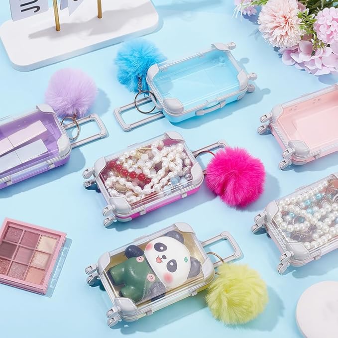 6Pcs Mini Suitcase Box Empty Candy Boxes Small Tiny Plastic Cosmetic Luggage Colorful Plush Fur Ball Keychain Reusable Gift Holder Storage Case for Eyelashes Candy Makeup False Lash Travel