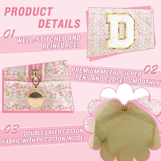 Personalized Quilted Cosmetic Bag, Puffy Monogrammed Christmas Birthday Gifts for Women & Girls, Cute initial Floral Makeup Bag Puffer Coquette Bag, Aesthetic Travel Toiletry Zipper Pouch(Pink,D)