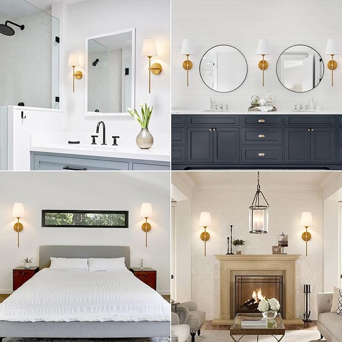 Wall Sconces Sets of 2, Retro Industrial Wall Lamps, Bathroom Vanity Sconces Wall Lighting with White Fabric Shade, Suitable for Bedroom Living Room Corridor Kitchen