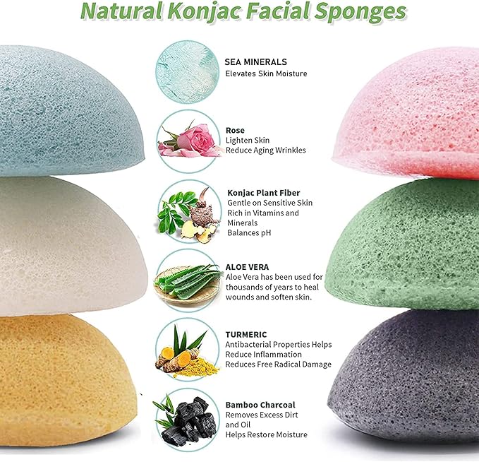Konjac Face Sponges for Cleansing and Exfoliating, Konjac Facial Sponges for Washing Cleaning Face Body with Activated Charcoal, Natural Konjac Sponge Set for Oily Dry Sensitive Skin Skincare Tool