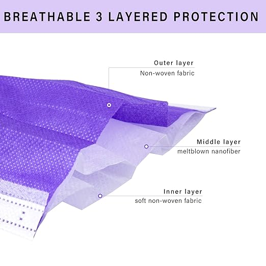Borje Purple Disposable Face Mask 100 Pcs Purple Face Masks 3 Ply Protection Masks