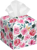 Pink Flowers and Green Leaves Tissue Box Cover Square,Abstract Watercolor Floral Tissue Box Holder Waterproof Leather Facial Paper Organizer Dispenser for Bathroom Home Car Nightstand Vanity Desk