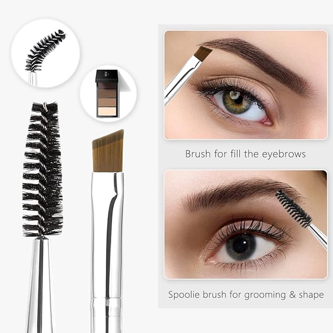 2PCS- 1 Eyebrow Brush + 1 Eyelash Shaper, Professional Double-Ended Angled Eye Brow Spoolie Brush, 3 Head Eyelash Comb Double Head Brushes, Makeup Grooming Tools Brushes for Shaping Brow Lashes