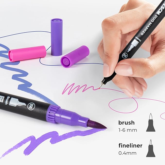 Purple Duo Tip Marker Pens, 12 Pack Fine & Brush Markers for Adult Coloring Books No Bleeding, Royal Purple Markers for Fantasy Art, Mystical Patterns, Creative Shadows and Luxury Themes