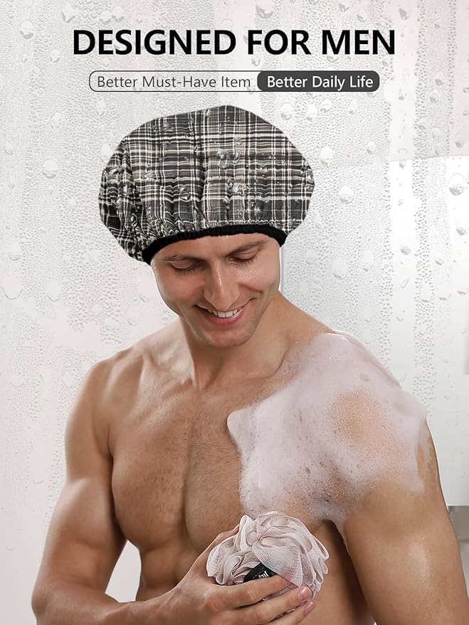 Years calm Men Shower Cap Reusable Waterproof, Dual-Layer Design, Double-Sided Use,Protects Hair in Shower, Spa, Travel & Cooking, Adjustable Elastic for Comfortable Fit (Black Plaid, One Size)