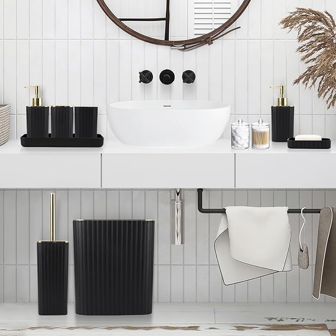 Bathroom Set with Shower Curtain and Rugs- 25PC Bathroom Accessory Set, Black Shower Curtain Set, Toilet Brush, Trash Can, Qtip Holder & Soap Dispenser