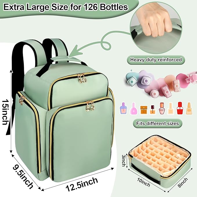 Nail Polish Organizer Backpack Holds 126 Bottles& Nail Lamp, Extra Large Nail Kit Supplies Organizer Bag with 3 Removable Cases, Portable Nail Organizers and Storage for Travel (Green)