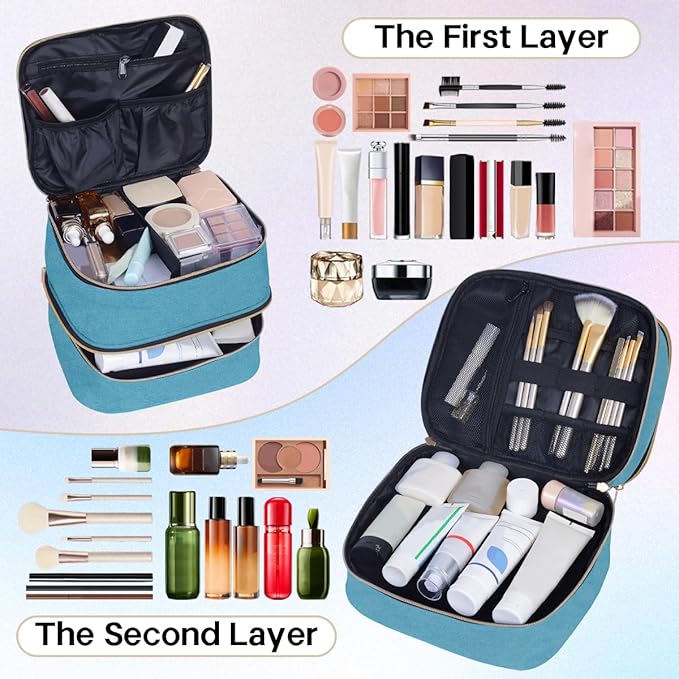 Double Layer Makeup Bag Portable Large Cosmetic Case Organizer with Adjustable Dividers Storage Travel Bag for Accessories Brushes Conditioner and Skin Care Products (Green)