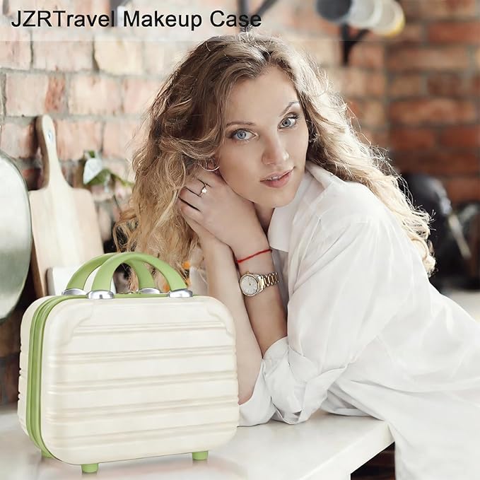 14 Inch Hard Makeup Train Case PC ABS Portable Cosmetic Travel Case Mini Suitcase Organizer for Make up Toiletries Toys Clothes Storage with Handle Elastic Strap