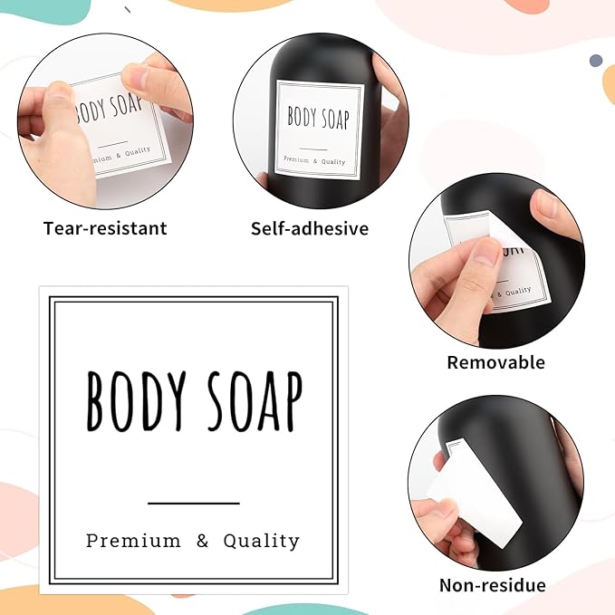 Segbeauty 18pcs Waterproof Self-Adhesive Labels for Organizing Bathroom, Soap Dispenser, Home, Laundry, Cleaning - Removable Stickers for Plastic Glass Bottles