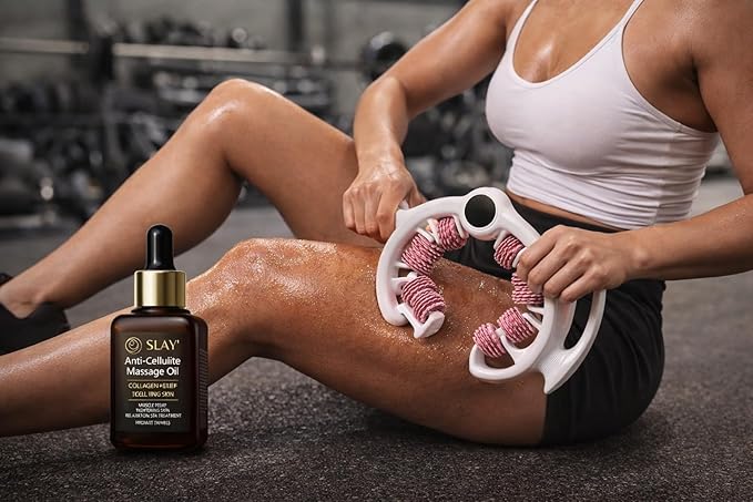 SLAY' Anti Cellulite Massage Roller & Body Oil Bundle, Lymphatic Drainage Roller, Cellulite Remover for Legs and Arms, Deep Tissue Massage Relief, Self Care Gifts, Womans Gifts