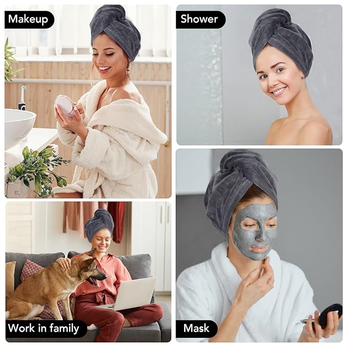 SINLAND Microfiber Hair Drying Cap Hair Towel Turban Twist for Women Fast Drying Towels Head Turban Absorbent Soft Lightweight 3 Pack Grey