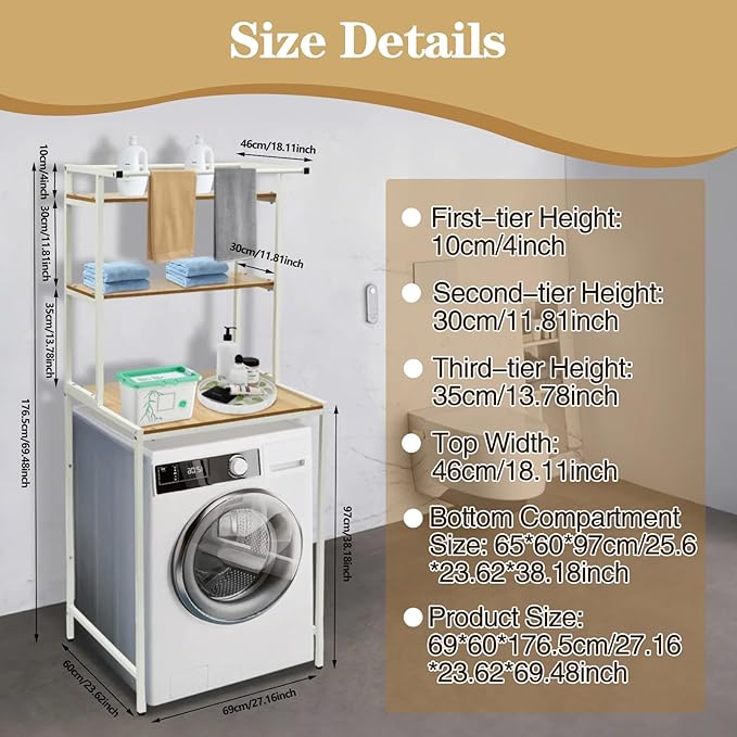 Washer and Dryer Storage Rack, 3 Tier Over The Washer and Dryer Storage Shelf, Bathroom Space Saving Organizer Shelves Space Saver Standing Rack for Bathrooms, Laundry Rooms (White+ Log)