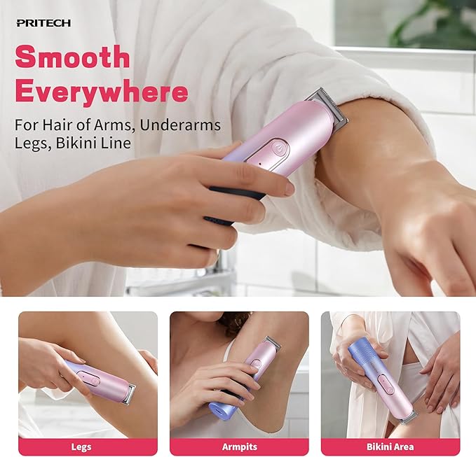 PRITECH Hair Trimmer for Women - Rechargeable Bikini Trimmer for Women Pubic Hair, Wet&Dry Use, Pain-Free Electric Razor&Shaver with Standing Recharge Dock, Ideal Gift, Pink Blue