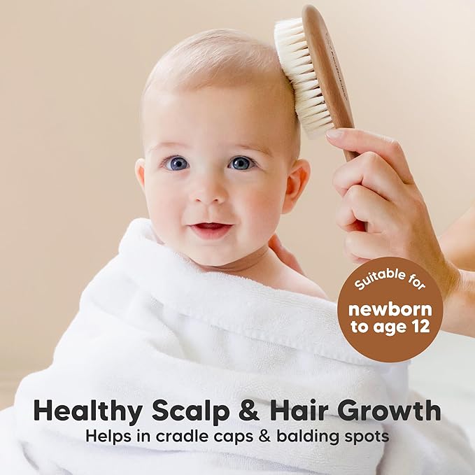 Wooden Baby Hair Brush - Cradle Cap Baby Brush with Soft Goat Bristles, Perfect Gentle Scalp Newborn Comb for Infant, Girls, Boys, Bath Essentials (Dark Walnut, Regular)