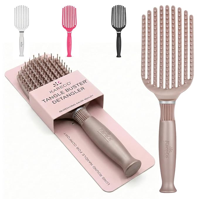 Premium Tangle Buster Brush – Soft Nylon Travel-Friendly Bristles – Long Durable Rubber Handle – Ideal for Wet and Dry Hair & Easy Grooming, Cashmere Color