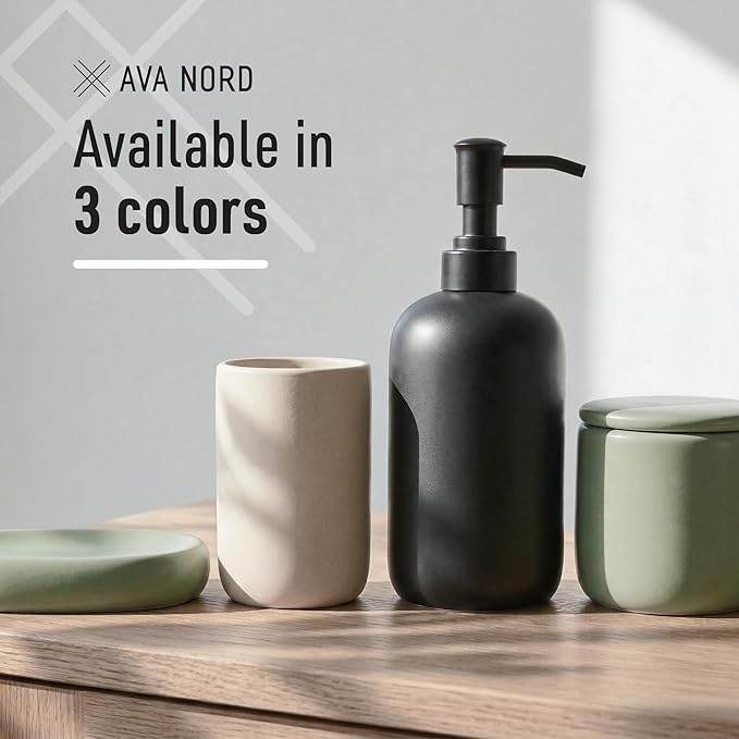 Ceramic Bathroom Accessories Set 4 Pcs – Modern Scandinavian Neutral Bathroom Soap Dispenser Set with Toothbrush Holder, Soap Dish & Cup – Minimalist Bathroom Accessory Set Decor - Black