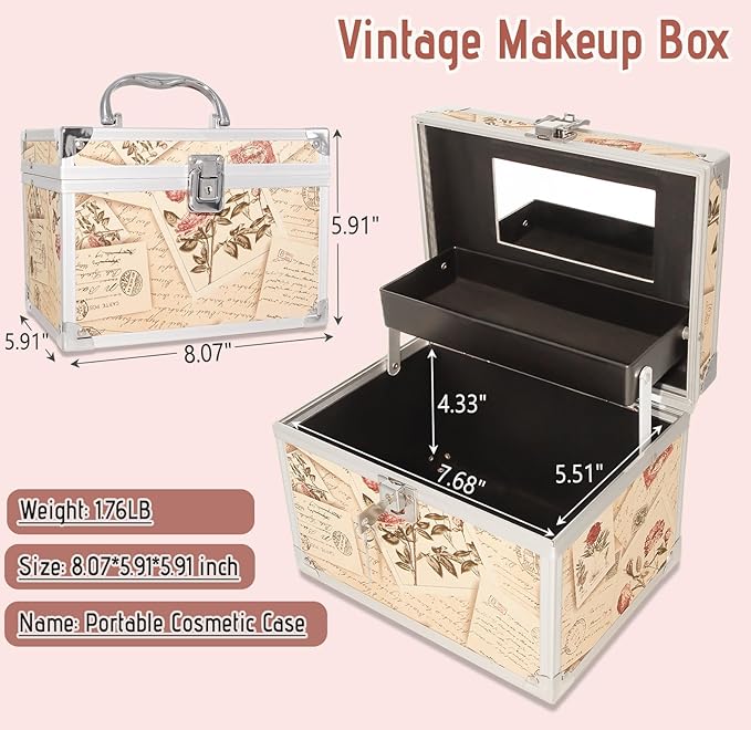 VNIMTI Makeup Train Case, Portable Makeup Box with Mirror, Cosmetic Storage Box for Women with Trays, Makeup Box Organizer for Vanity, Travel, Lockable& Large Capacity (Philatelic Style)