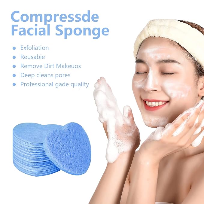 50-Count Facial Sponges Compressed, 100% Natural Cellulose Face Sponge Professional Cosmetic Spa Sponges for Face Cleansing, Exfoliating Mask, Makeup Removal for Travel and Home, Blue