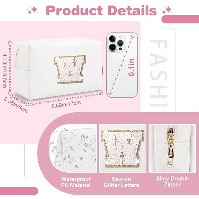 Small Initial Patch Makeup Bag Personalized Gifts Make Up Bag,White Cute PU Leather Glitter Letter Cosmetic Bag with Zipper,Trendy Portable Travel Toiletry Pouch,Preppy Stuff for Teen Girls Women W