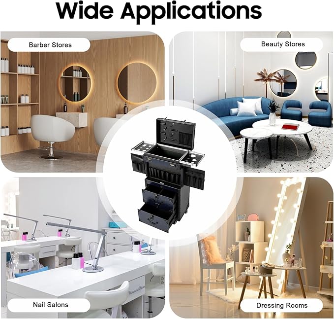 Professional Rolling Makeup Case for Hairstylists - Large Retro Train Case Trolley with Combination Lock & Metal Wheels,Mobile Storage Organizer for Barber,Cosmetology Tools&Cosmetics (Blue)