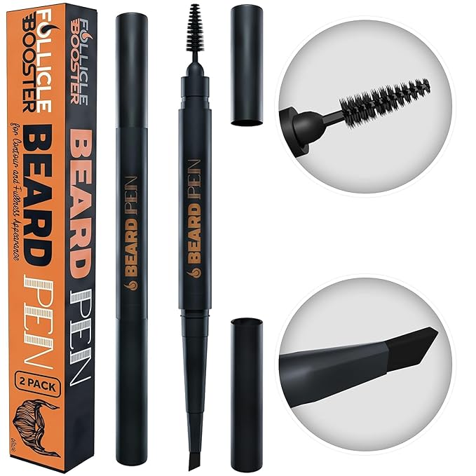 Beard Pen Filler for Men - Barber Styling Grooming Pencil - Waterproof, Sweat Proof, Long Lasting Solution with Natural Finish - Cover Beard and Scalp Patches in Seconds - Medium Black 2 Pack