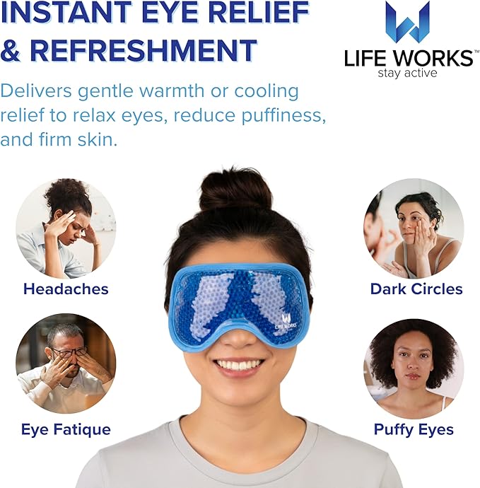 LIFE WORKS Gel Eye Mask, Hot or Cold Therapy for Puffy Eyes, Dark Circles, Headaches, and Migraines, Soft Gel Beads and Liquid Filling for Cooling or Warming Comfort