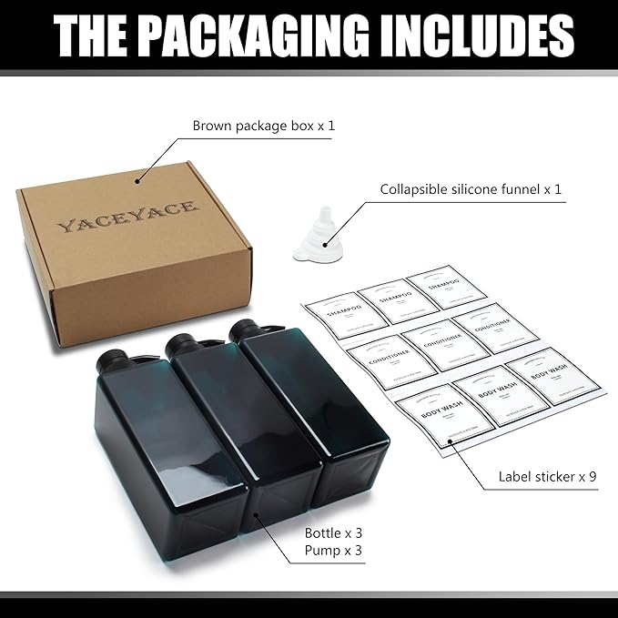 16.9oz Set of 3 Refillable Shower Dispensers, Black, Rectangular, PUMP DISPENSER