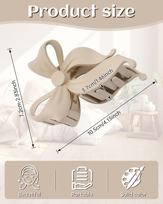 Mesovor 4 Pack Cute Bow Claw Clip for Women, Nonslip Large Matte Strong Hold Bows Hair Clips for Thin and Thick Hair | Chic Hair Styling Accessories (4.1" Khaki, Brown, Beige, Pink)