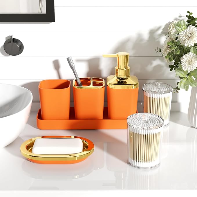 Bathroom Accessories Set - Luxury Orange Bathroom Set, 9 Pieces Bathroom Accessory Set, Orange Bathroom Accessories with Trash Can, Toilet Brush & Soap Dispenser