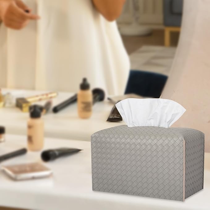 Tissue Box Cover PU Leather Tissue Holder Square Facial Tissue Case Facial Paper Organizer Dispenser for Bathroom, Vanity Countertop, Tabletop, Car, Rectangle, Evergreen