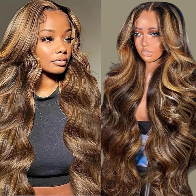 Sunelk 26 Inch Honey Blonde Ombre Lace Front Wig Human Hair Highlight Body Wave Wig 13x6 Lace Front Wigs Human Hair Pre Plucked 200 Density 4/27 Colored HD Lace Frontal Glueless Wigs for Black Women
