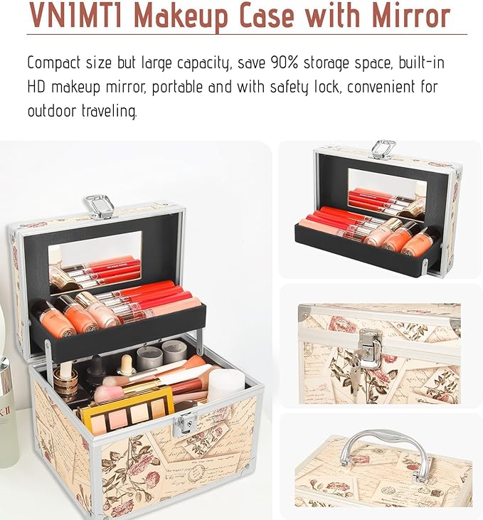VNIMTI Makeup Train Case, Portable Makeup Box with Mirror, Cosmetic Storage Box for Women with Trays, Makeup Box Organizer for Vanity, Travel, Lockable& Large Capacity (Philatelic Style)