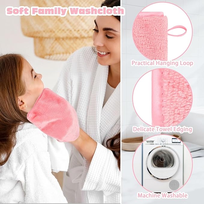 PHOGARY 6 Pack Microfiber Face Washcloths Facial Wash Mitts, 7.8"x5.1" Soft Flannel Towel for Washing Face, Reusable Makeup Remover Absorbent Easy-Dry Puffy Washcloths with Hanging Loop, Pink