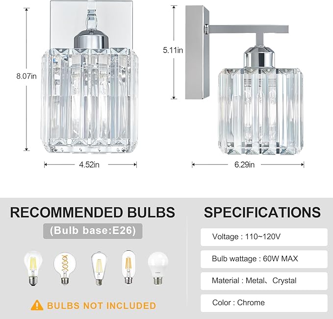 Modern Wall Sconce Set of Two Indoor Wall Lamp Chrome Wall Sconces Crystal Wall Light Bathroom Vanity Light Fixtures Wall Mounted Room Sconce Wall Lighting