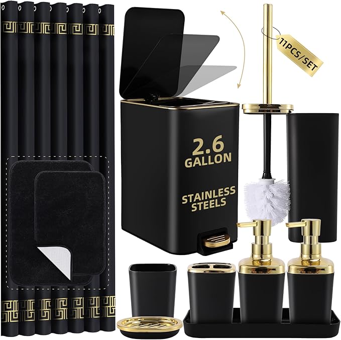 Bathroom Sets with Shower Curtain and Rugs Black Bathroom Accessories Bathroom Set,Soap Dispenser & Toilet Brush Holder Set with Stainless Steel Trash Can
