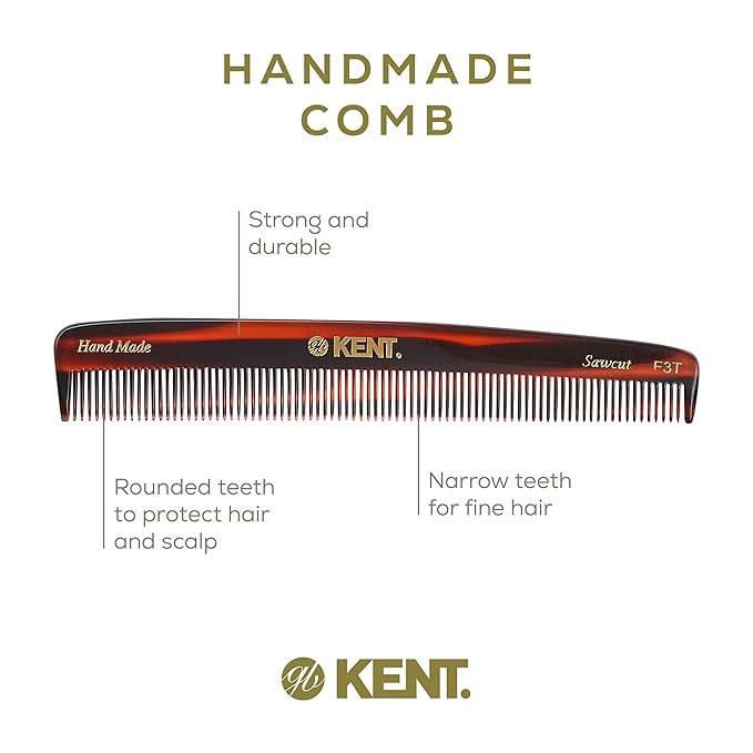 Kent F3T Tortoiseshell Fine Tooth Comb - Hair Parting and Straightening Comb for Men's & Women's Dandruff Remover, Saw Cut and Hand Polished Made in England