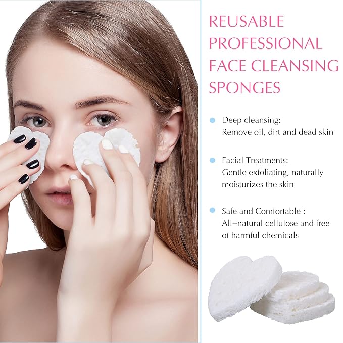 Nuenen 60 Pieces Facial Sponges with Container, Heart Shape Compressed Face Sponges Natural Cleaning Pads for Washing Face Cleaning Exfoliating Esthetician Makeup Removal(White)