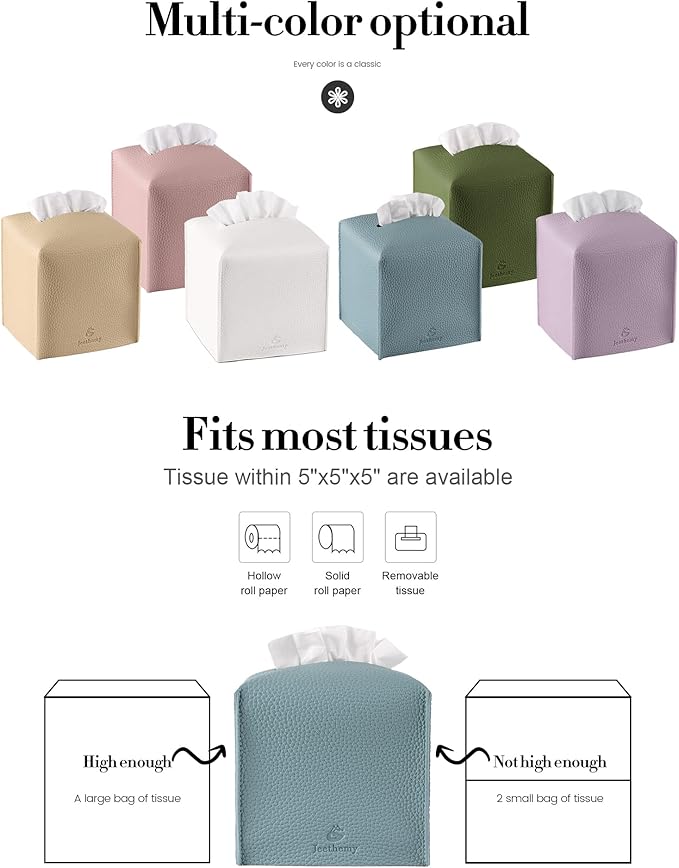 Tissue Box Cover, Jeethemy Square PU Leather Tissue Box Holder, Modern Tissue Case Facial Paper Organizer Dispenser，5X5X5'', Three Pack White&Beige&Blue