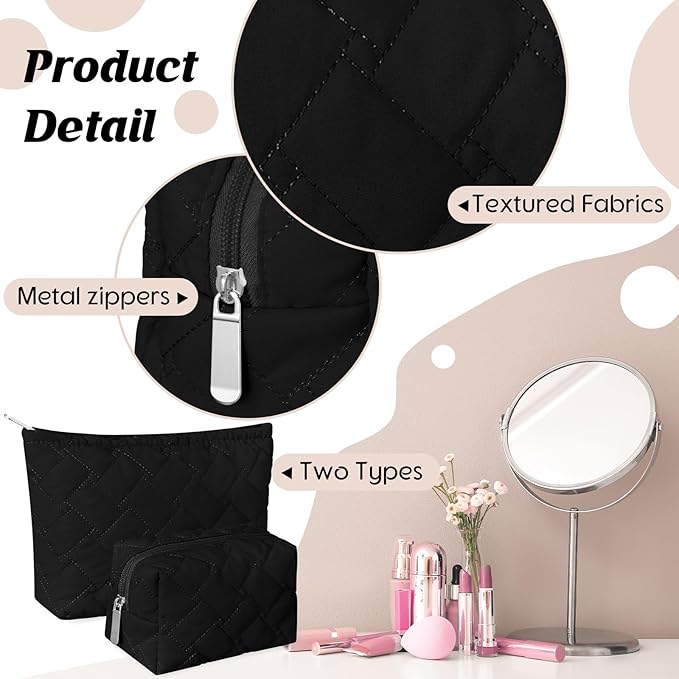 2 Pc Makeup Bag Set Cute Quilted Cosmetic Pouch for Women Travel Toiletry Bag Preppy Small Makeup Purse Pouch Skincare Brushes Storage Organizer Pencil Case Set (Knitted,Quilted,Black)