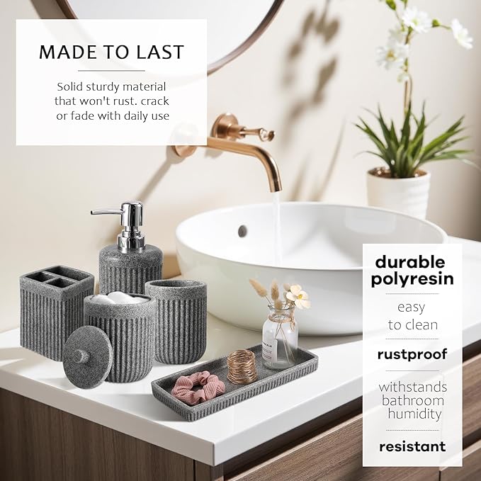 8-Piece Grey Bathroom Sets with Shower Curtain and Rugs, Resin Bathroom Accessories Sets Complete with Soap Dispenser, Toothbrush Holder, Tumbler & Apothecary Jars Bathroom Essentials