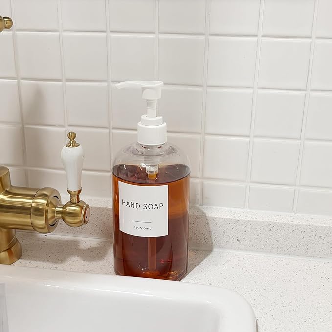Soap Dispenser with Waterproof Labels, Thickened Plastic Hand Soap Dispenser for Bathroom, Kitchen Dish Washing Liquid Bottles, Shampoo and Conditioner Bottles (16.9 oz, Set of 2, Clear)