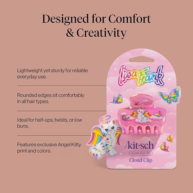 Lisa Frank x Kitsch Medium Cloud Hair Clip for Women - Lightweight & Sturdy Claw Clip with Rounded Edges for Comfortable Hold, Ideal for Half-Up Hairstyles & Low Buns - Angel Kitty